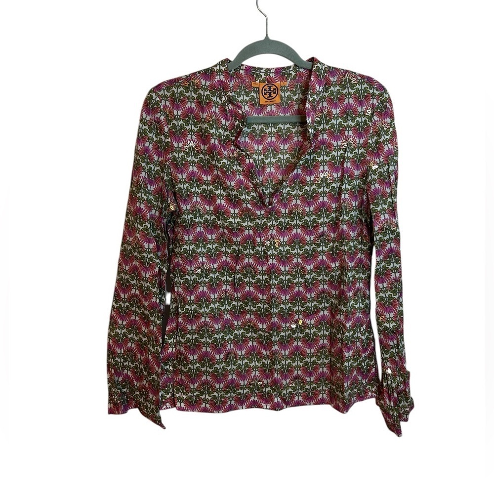 Tory Burch Pink Green Floral-Print Long Sleeve Tunic
